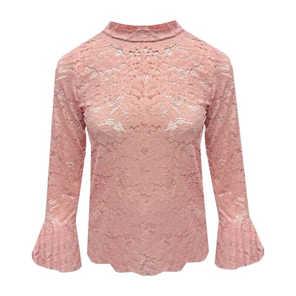 Kanten stretchy top met volant mouw en hoge kraag