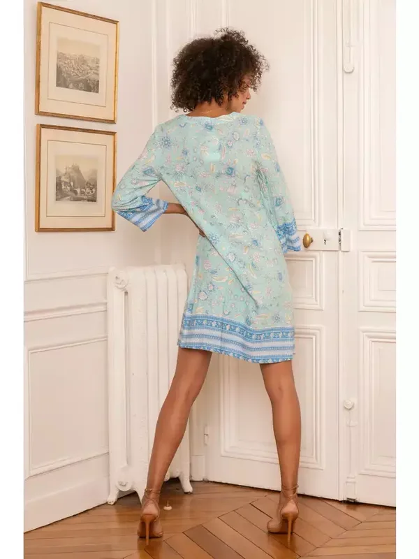 Bohemium jurk met V-hals en uitlopende mouwen, blue