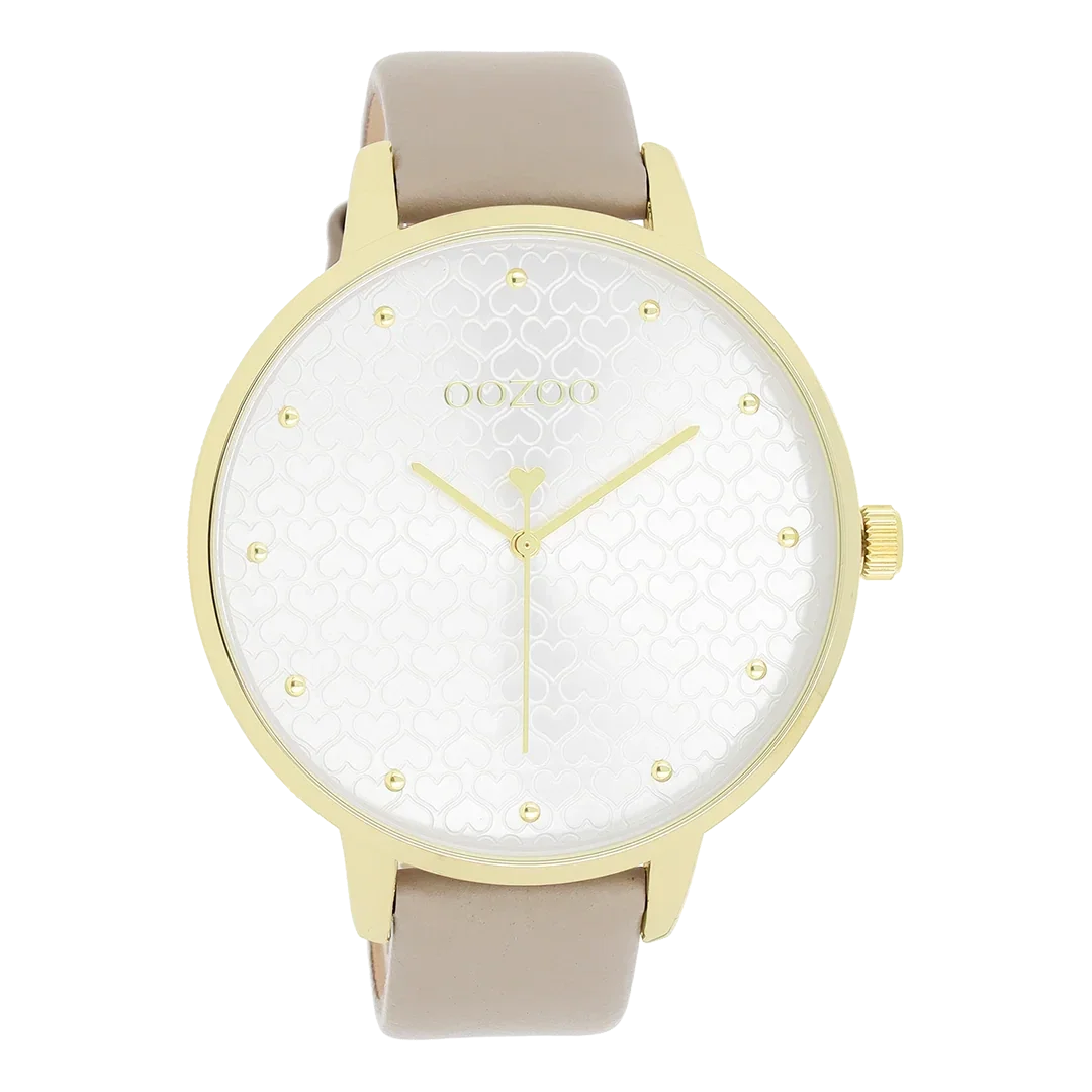 Oozoo Watch - Goudkleurige OOZOO horloge met taupe leren band - C11037