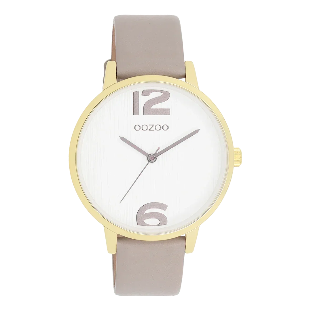 Oozoo Watch - Goudkleurige OOZOO horloge met taupe leren band - C11236