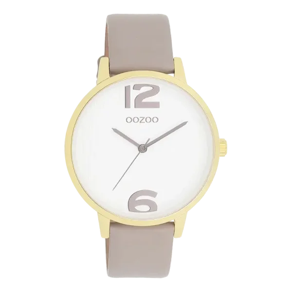 Oozoo Watch - Goudkleurige OOZOO horloge met taupe leren band - C11236