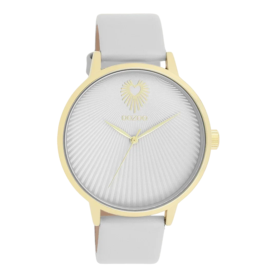 Oozoo Watch - Goudkleurige OOZOO horloge met licht grijze leren band - C11240