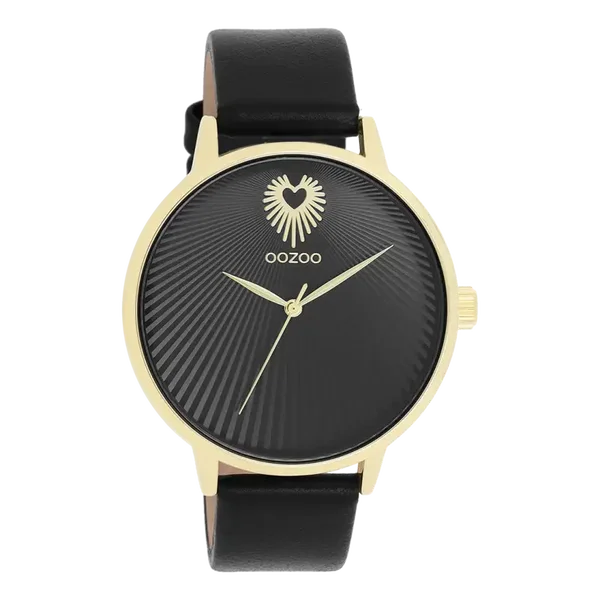 Oozoo Watch - Goudkleurige OOZOO horloge met zwarte leren band - C11242