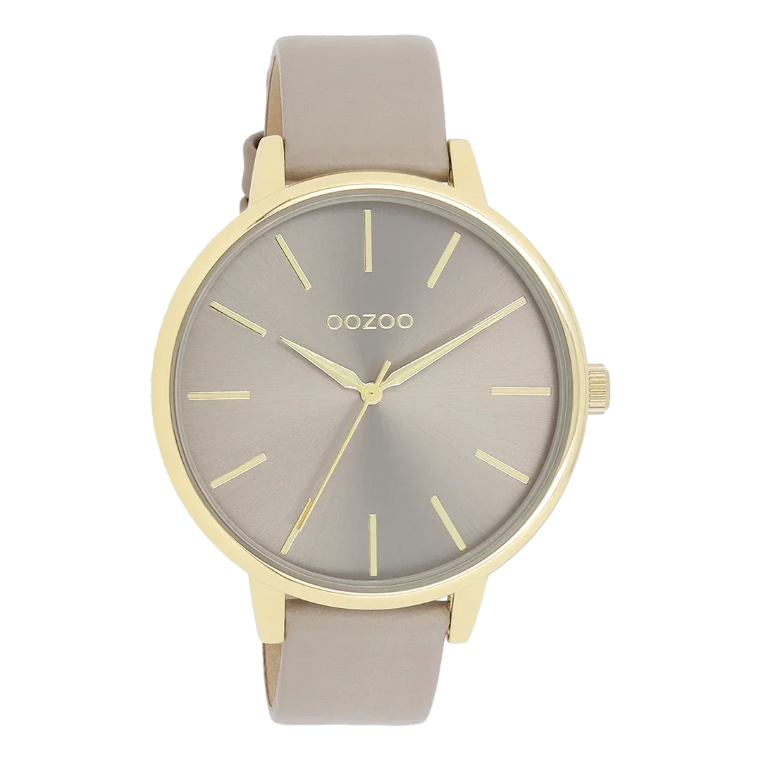 Oozoo Watch - Goudkleurige OOZOO horloge met taupe leren band - C11291