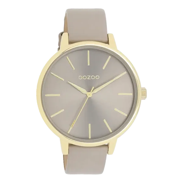 Oozoo Watch - Goudkleurige OOZOO horloge met taupe leren band - C11291
