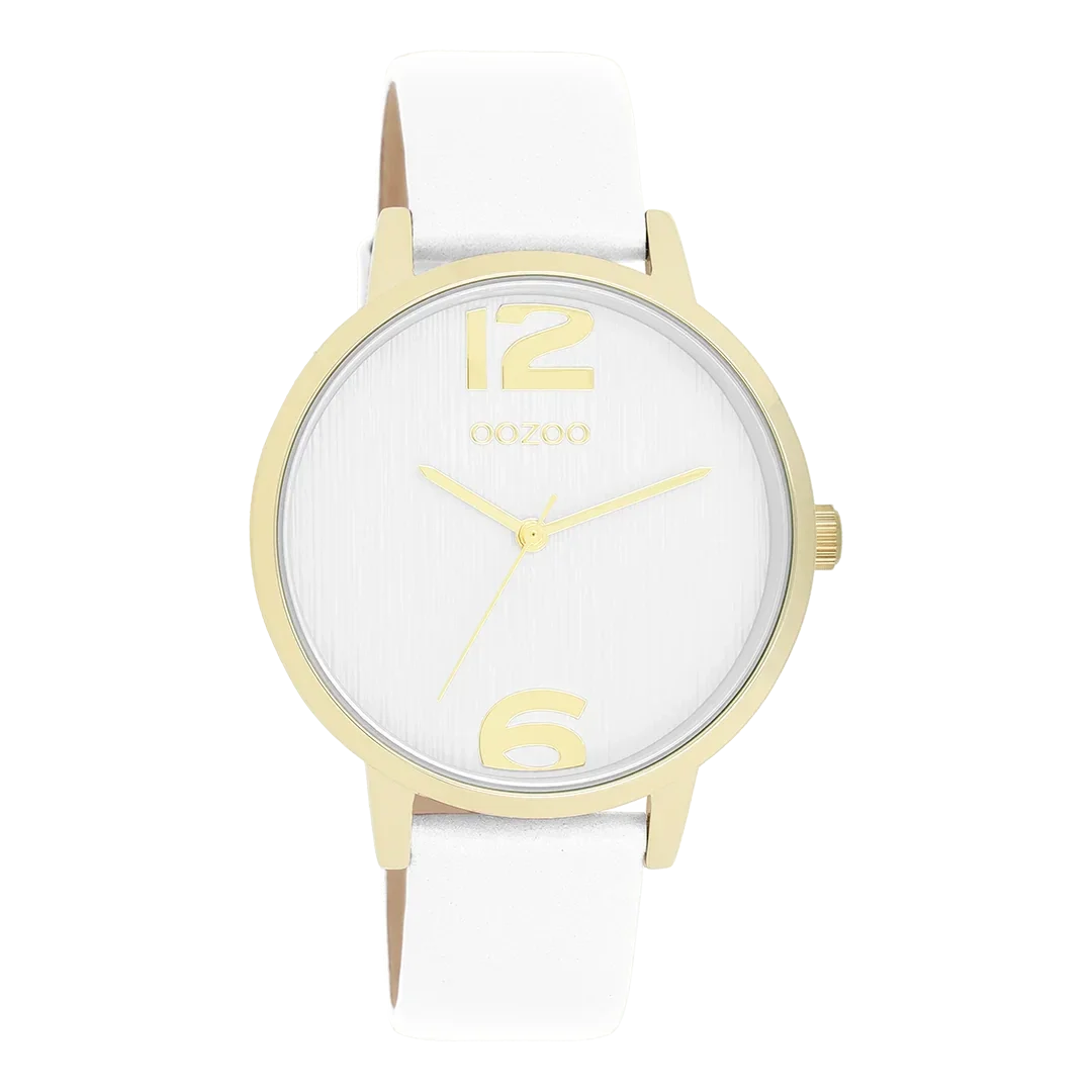 Oozoo Watch - Goudkleurige OOZOO horloge met witte leren band - C11340