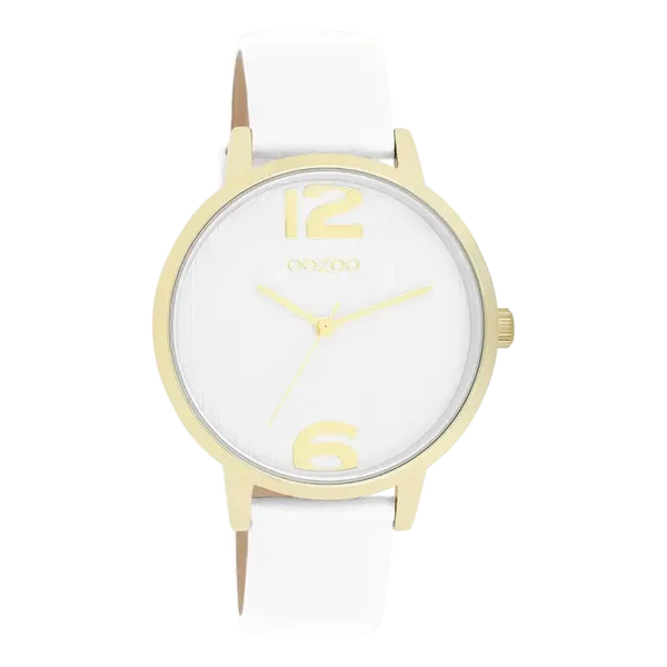 Oozoo Watch - Goudkleurige OOZOO horloge met witte leren band - C11340