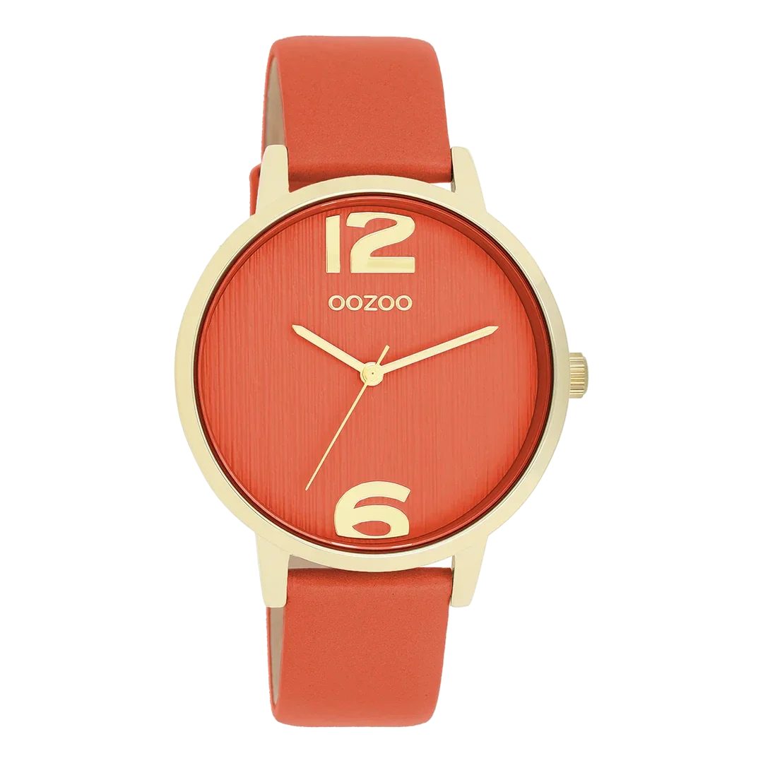 Oozoo Watch - Goudkleurige OOZOO horloge met warm oranje leren band - C11341