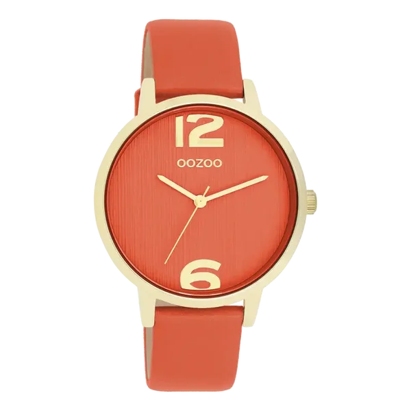 Oozoo Watch - Goudkleurige OOZOO horloge met warm oranje leren band - C11341