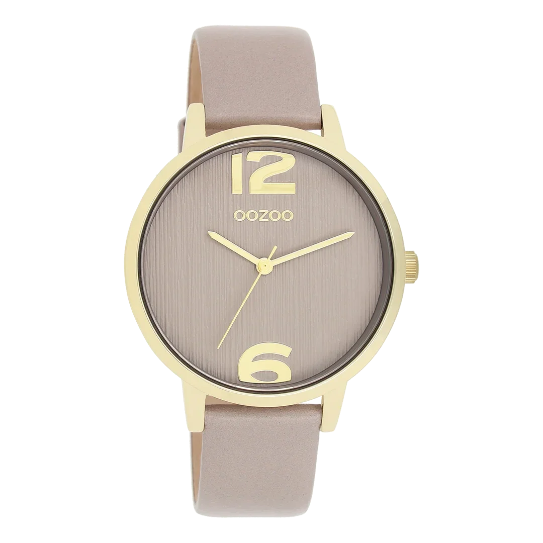 Oozoo Watch - Goudkleurige OOZOO horloge met taupe leren band - C11342