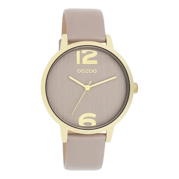 Oozoo Watch - Goudkleurige OOZOO horloge met taupe leren band - C11342