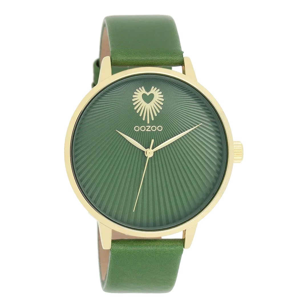 Oozoo Watch - Goudkleurige OOZOO horloge met groene leren band - C11344