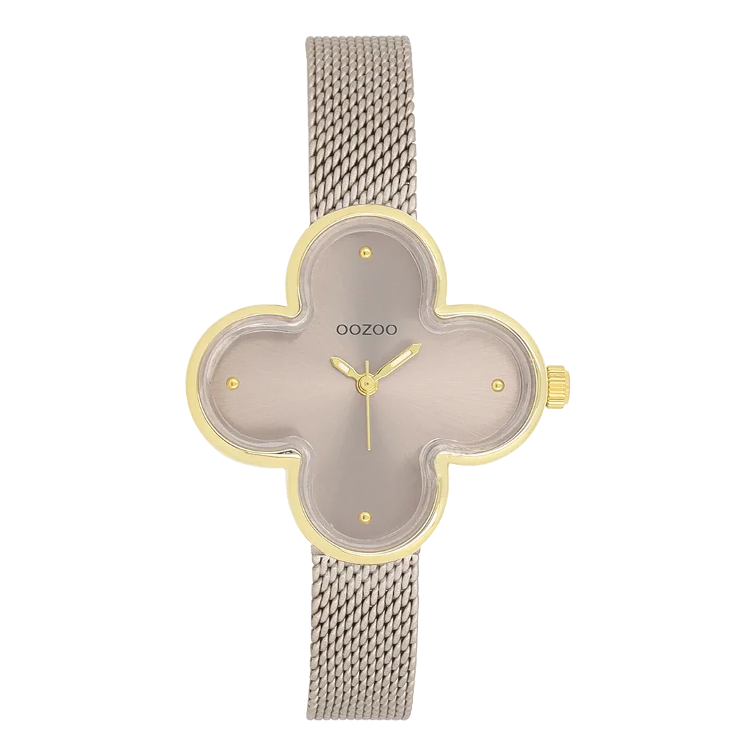 Oozoo Watch - Goudkleurige OOZOO horloge met taupe metalen mesh armband - C11528