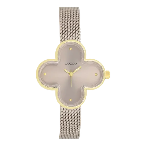 Oozoo Watch - Goudkleurige OOZOO horloge met taupe metalen mesh armband - C11528