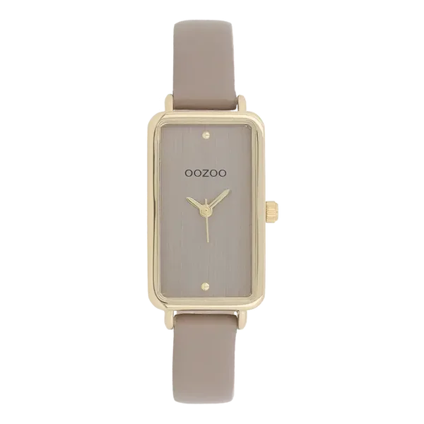 Oozoo Watch - Goudkleurige OOZOO horloge met taupe leren band - C11531