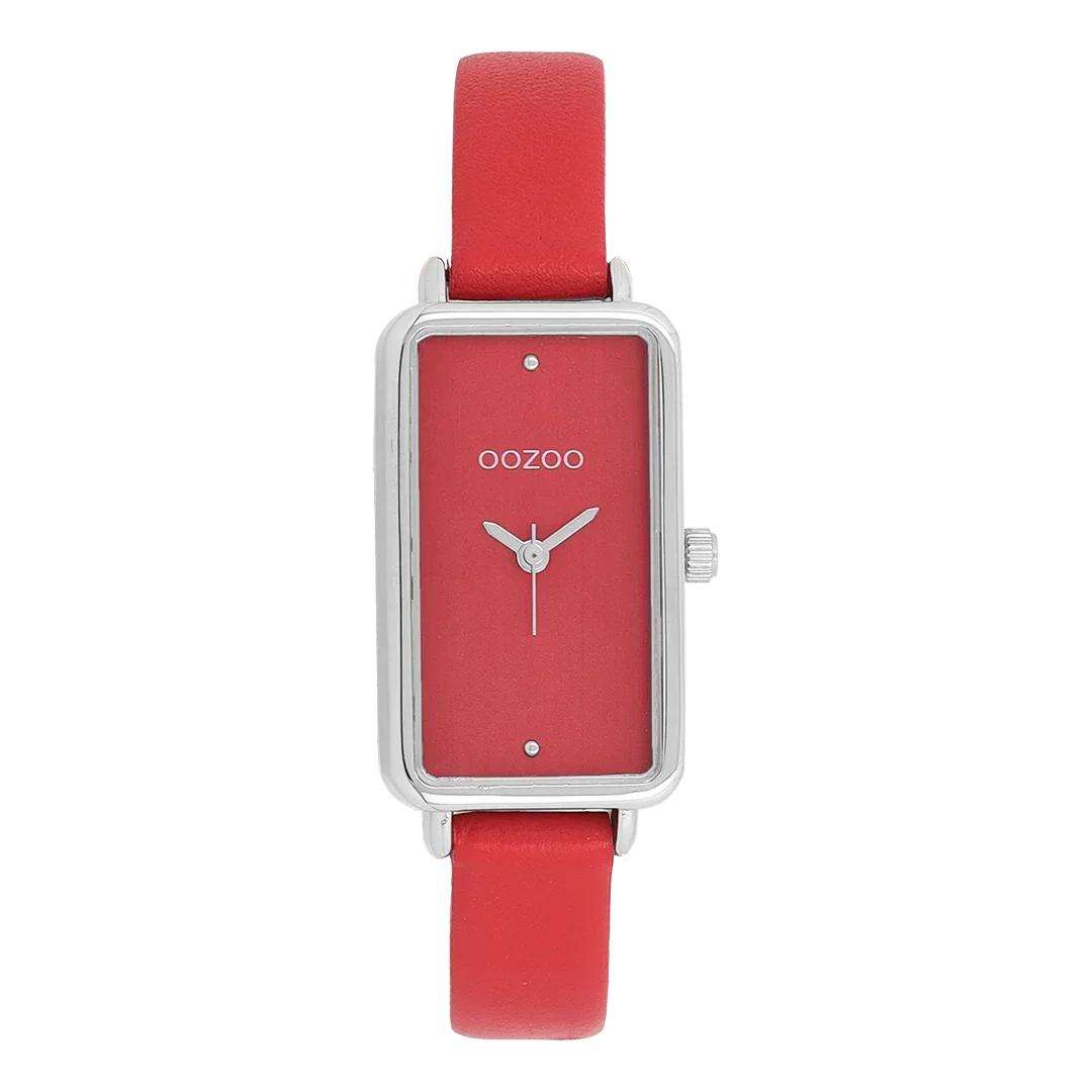 Oozoo Watch - Zilverkleurige OOZOO horloge met rode leren band - C11532