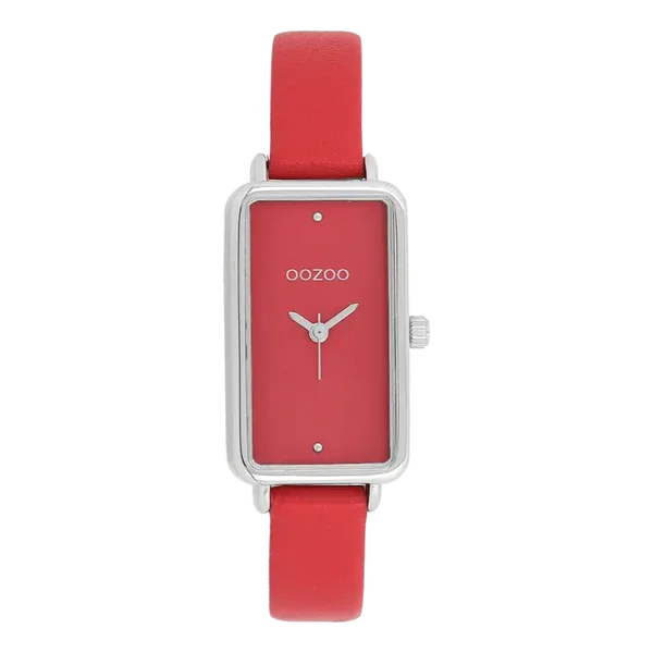 Oozoo Watch - Zilverkleurige OOZOO horloge met rode leren band - C11532