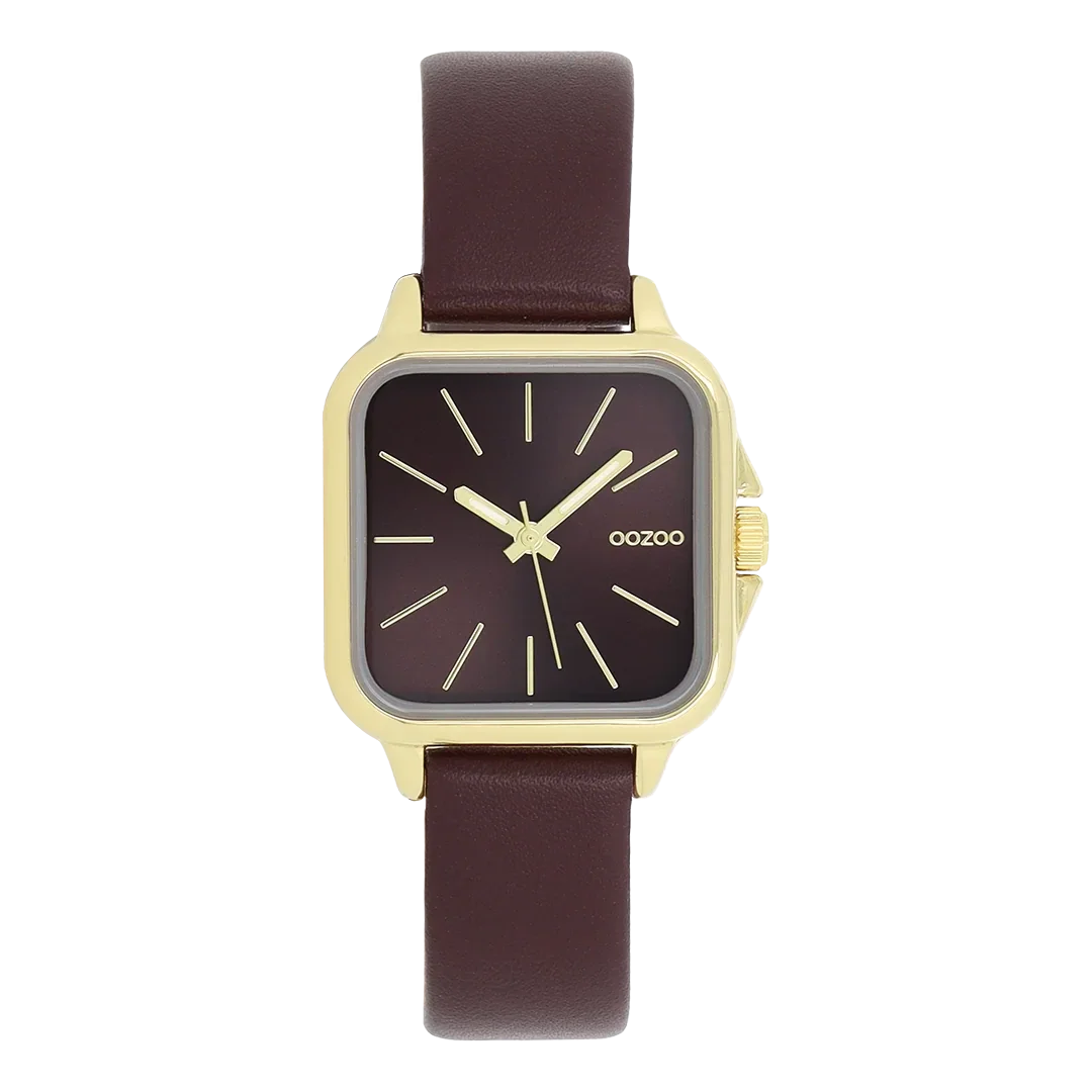 Oozoo Watch -Gold coloured OOZOO watch with fig red leather strap - C11613