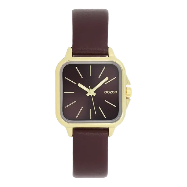 Oozoo Watch -Gold coloured OOZOO watch with fig red leather strap - C11613