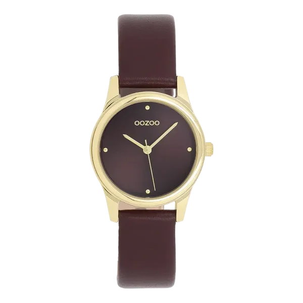 Oozoo Watch - Gold coloured OOZOO watch with fig red leather strap - C11627