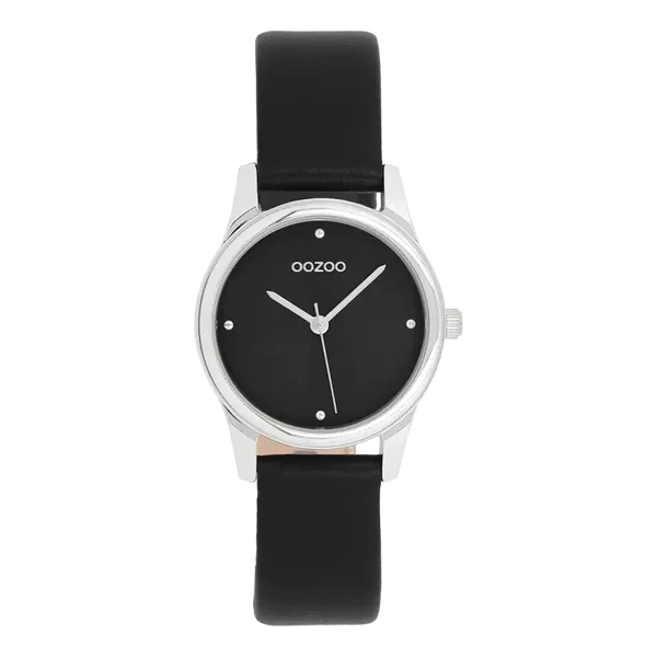 Oozoo Watch - Silver coloured OOZOO watch with black leather strap - C11628