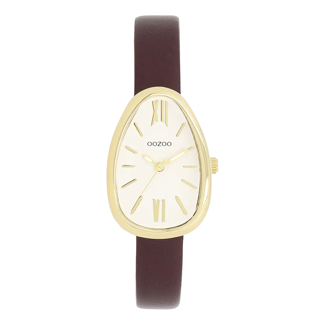Oozoo Watch - Gold coloured OOZOO watch with fig red leather strap - C11635