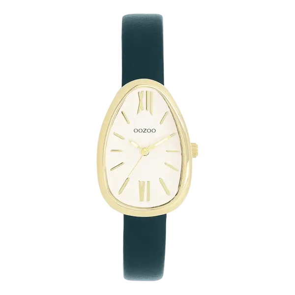 Oozoo Watch - Goudkleurige OOZOO horloge met donker groene leren band - C11636
