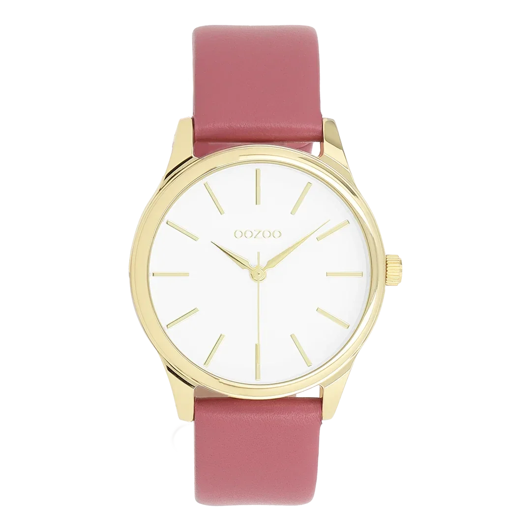 Oozoo Watch - Gold coloured watch with pink leather strap - C 11676