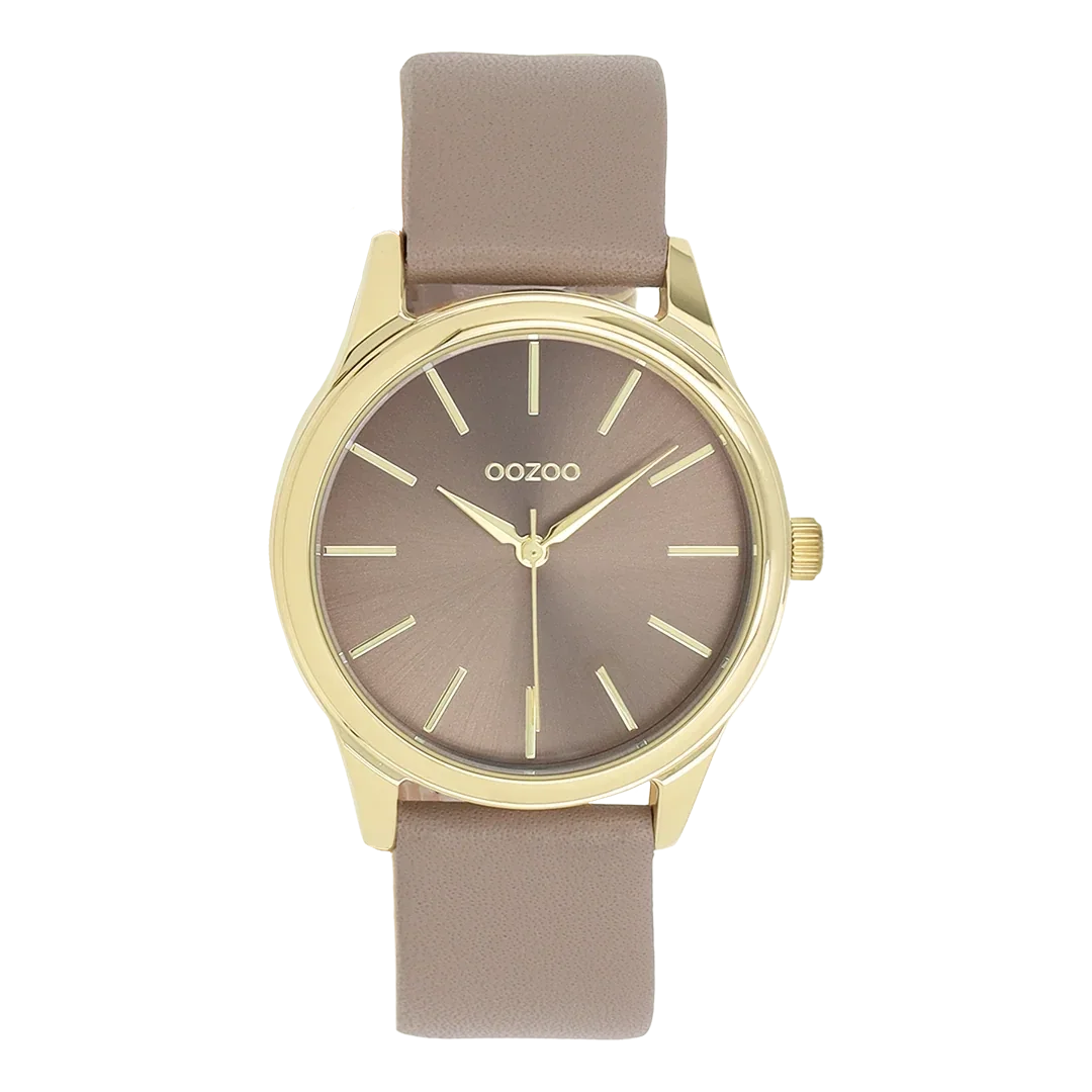 Oozoo Watch - Gold coloured watch with taupe leather strap - C11677