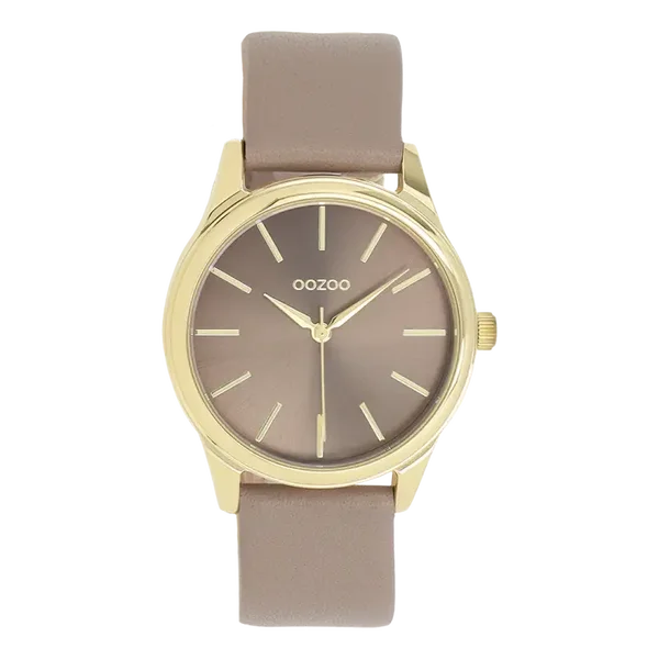 Oozoo Watch - Gold coloured watch with taupe leather strap - C11677