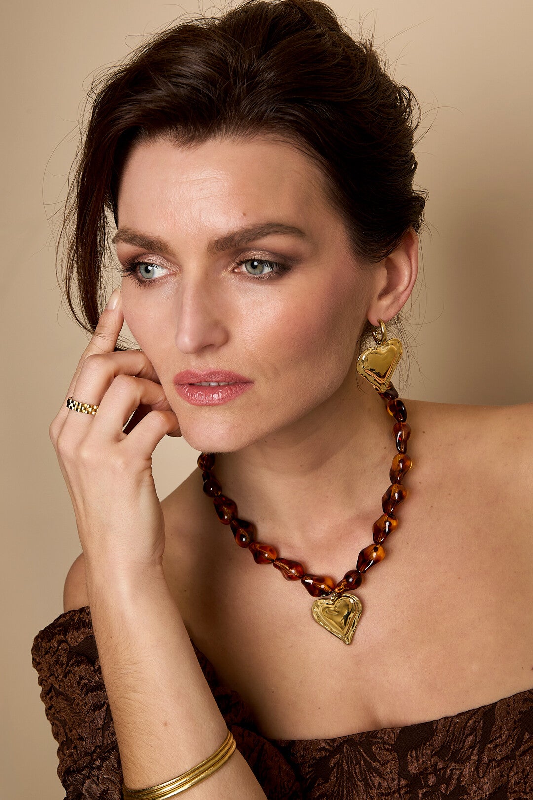 Stainless steel - Kettingen acryl bruin met Hart