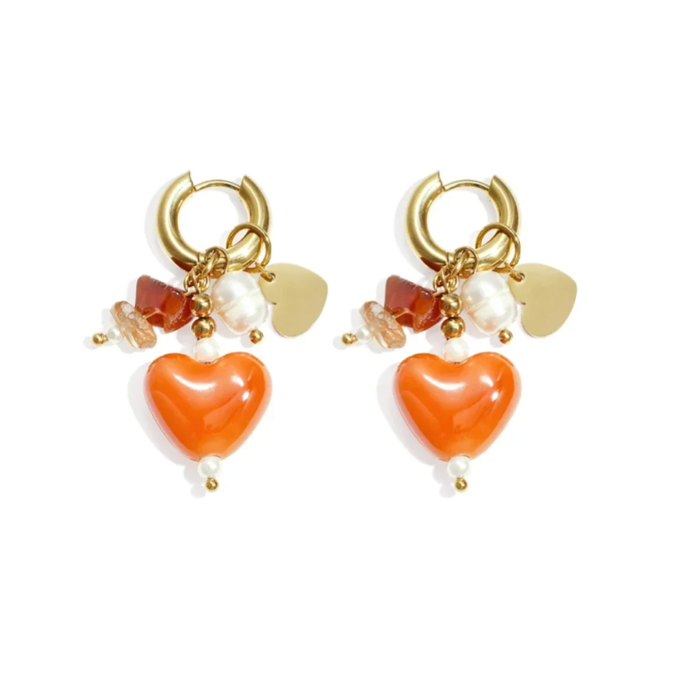 Stainless steel Hartjes oorbellen in oranje, rose, bruin en lichtgroen