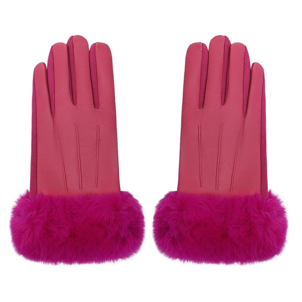 Handschoenen met faux fur en leren look - Fuchsia