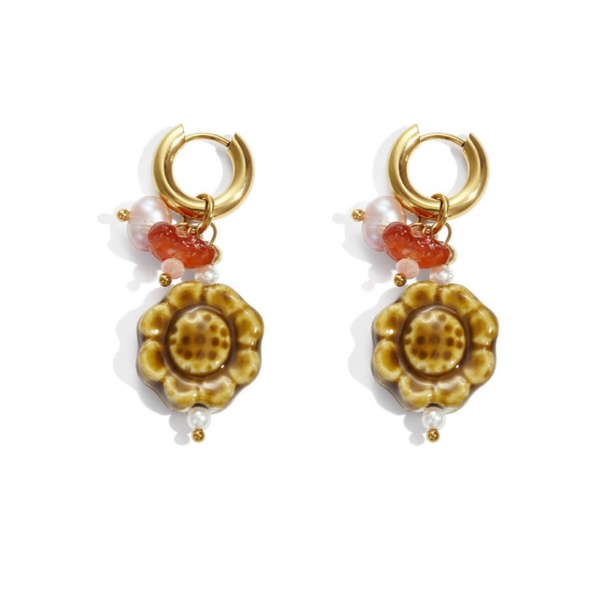 Stainless steel oorbellen Keramiek Bloem bruin