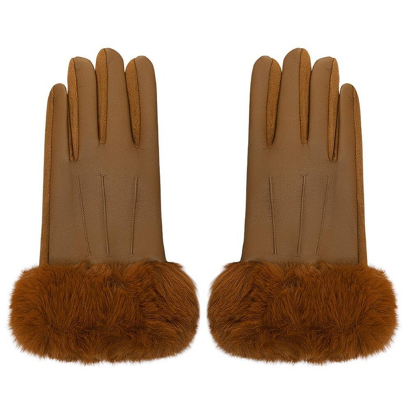 Handschoenen met faux fur en leren - Bruin