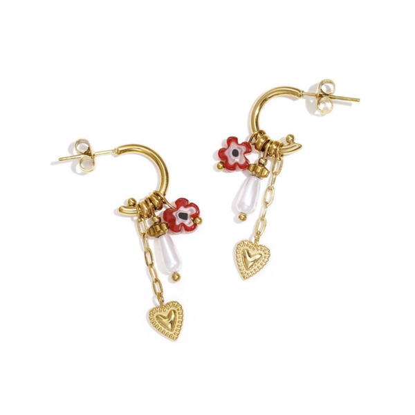 Stainless steel oorbellen Hartjes, Parel, Bloem