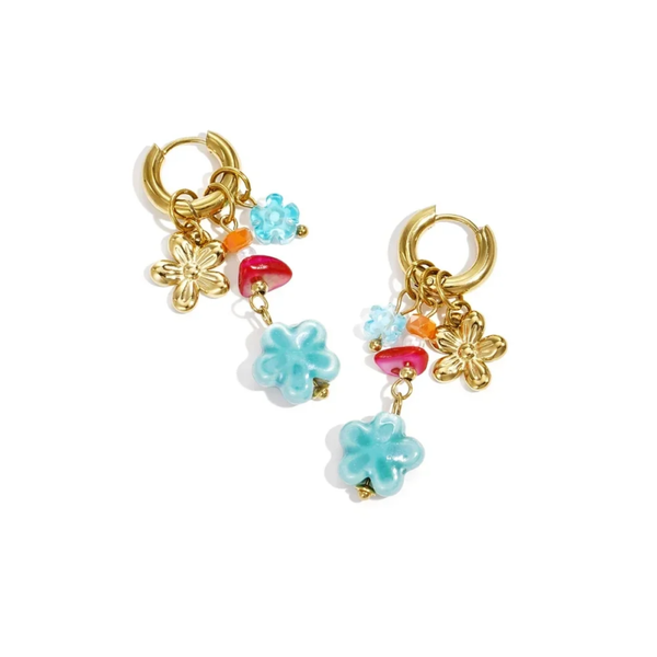 Stainless steel - oorbellen met bloemmotief blauwkleurig