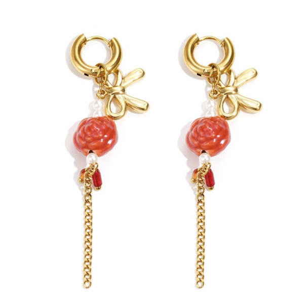 Stainless steel oorbellen Bloem & Strik rood