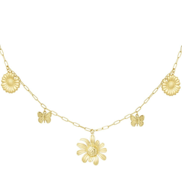 Stainless steel bedelketting Bloem en Vlinders