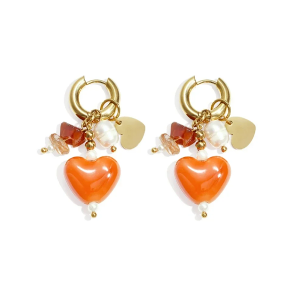 Stainless steel Hartjes oorbellen in oranje, rose, bruin en lichtgroen