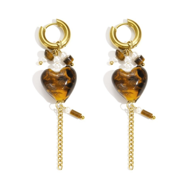 Oorbellen met hartjes stainless steel bruin