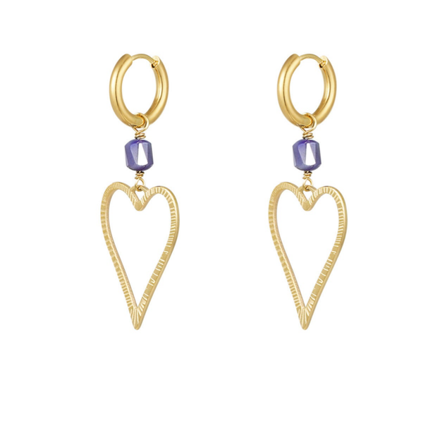 Oorbellen hart met steen - Goud kleur/lila