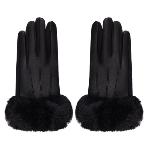 Handschoenen met faux fur en leren look - Zwart