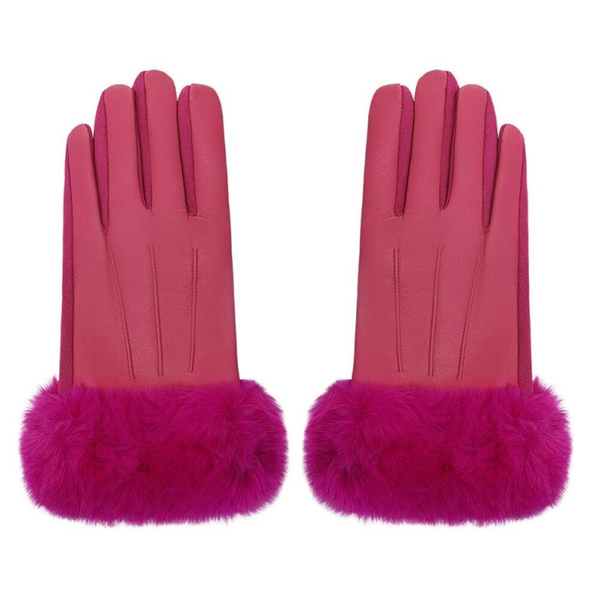 Handschoenen met faux fur en leren look - Fuchsia