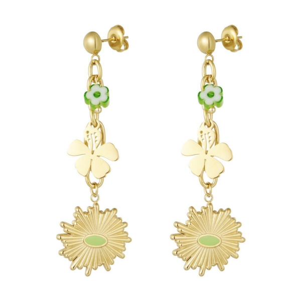 Stainless steel oorbellen Flowers & green