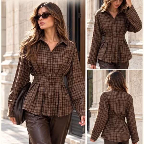 Bloese met taille ruitjes bruin