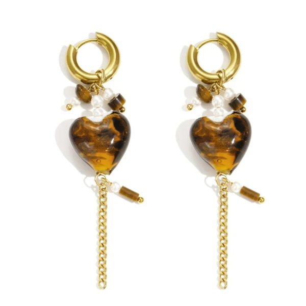 Stainless steel oorbellen met hartjes acryl bruin