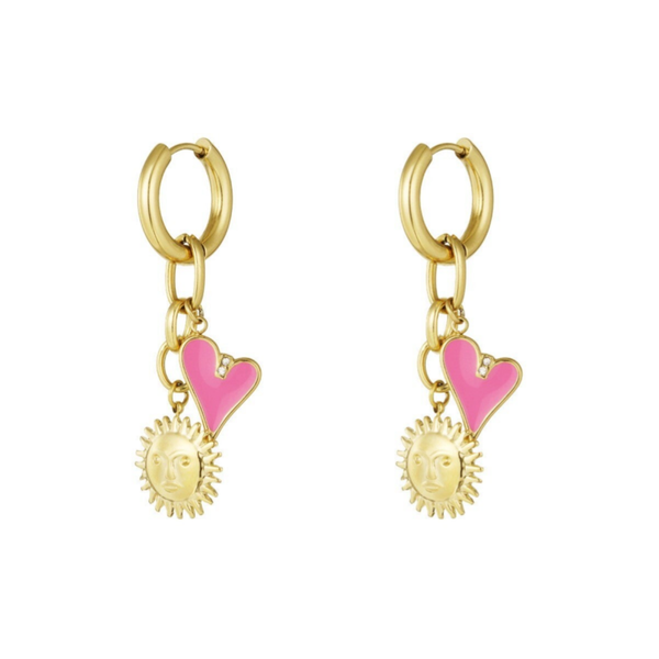 Stainless steel oorbellen Heart Sun Pink