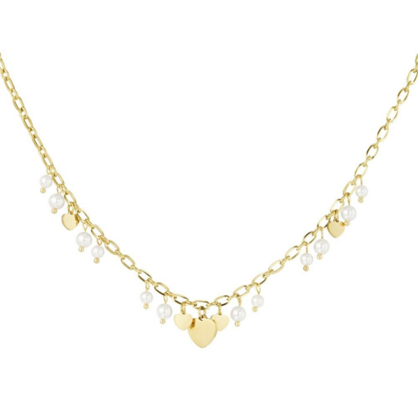 Stainless steel Bedelketting Hearts and Pearls
