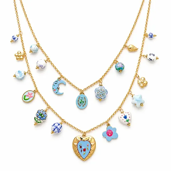 Stainless steel Happy Heart dubbele bedelketting blauw